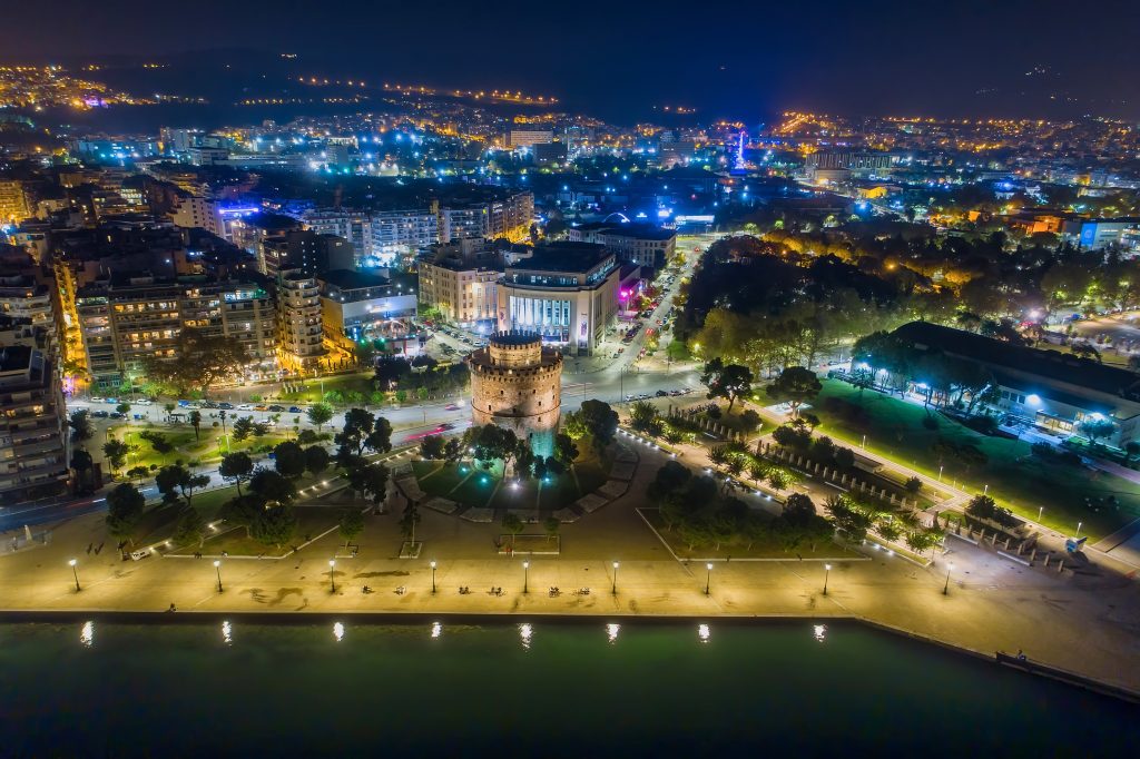 Aerial view of the White Tower square the night, in Thessaloniki, Greece